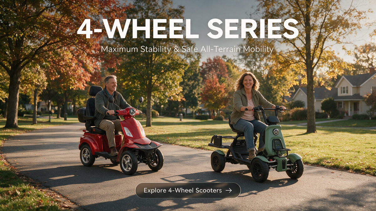 Two people riding electric 4-wheel scooters on a paved path in a park. One scooter is red and the other is sage green, with text at the top reading '4-WHEEL SERIES' and a banner at the bottom reading 'Explore 4-Wheel Scooters'.