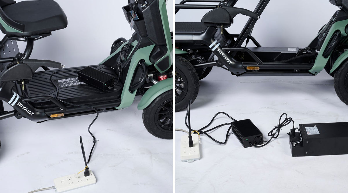 Two views of a black electric scooter with green accents on a white background.