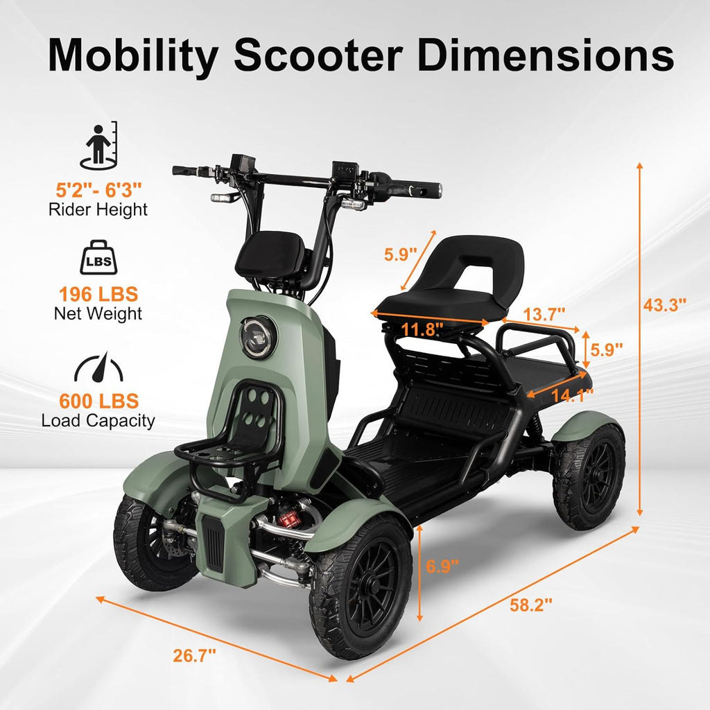 AINOHOT S20 mobility scooter with dimensions and specifications on a white background