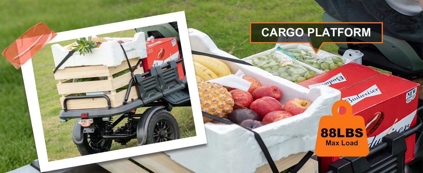 Red cargo platform with a cart and produce on a grassy background
