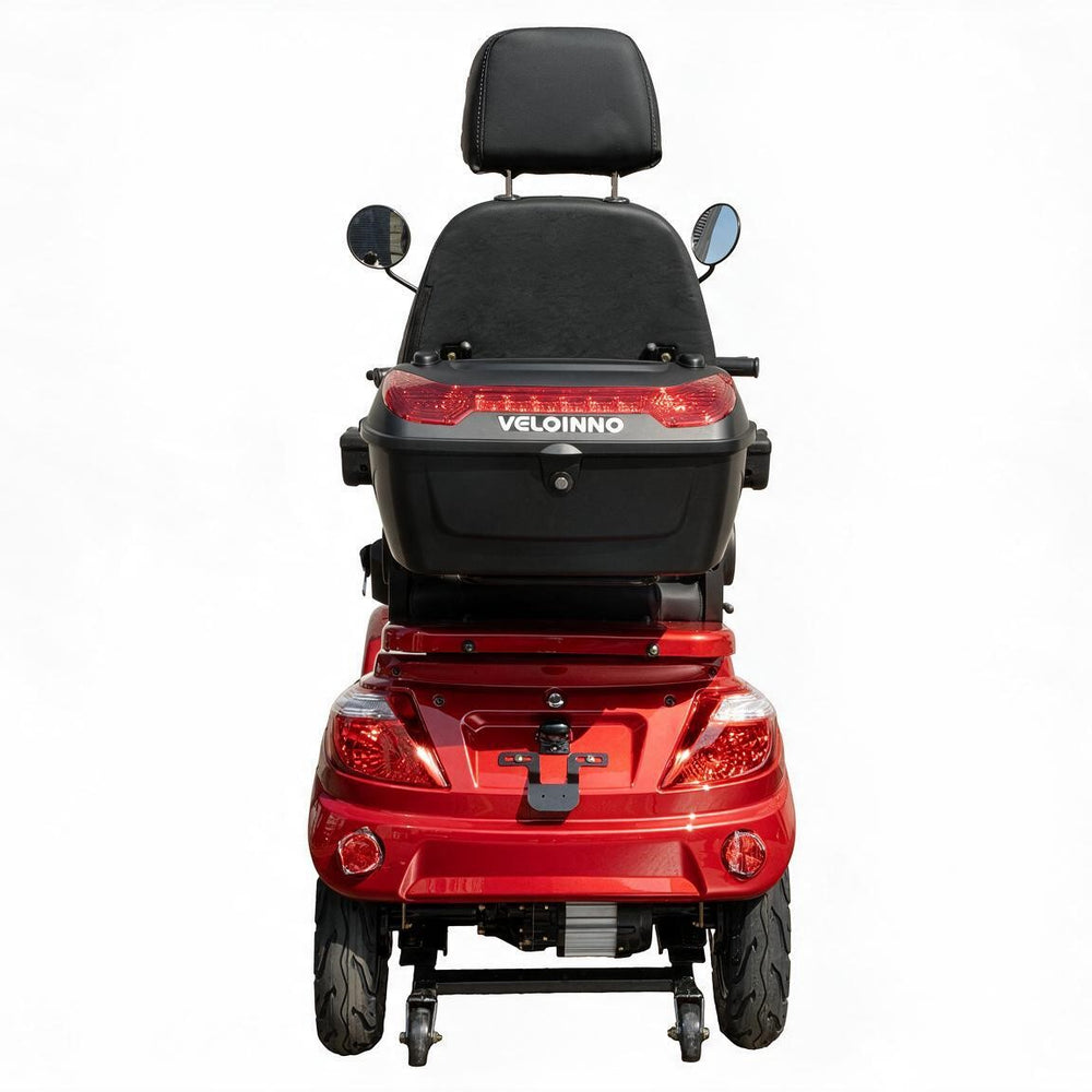 Rear view of Ainohot F2R electric mobility scooter with a storage box and backrest, on a white background.