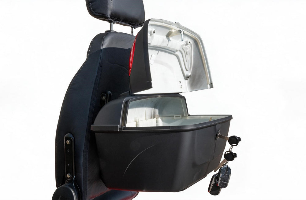 A black car trunk storage box mounted on a black car seat, with its lid open to show the interior storage compartment, photographed against a white background.