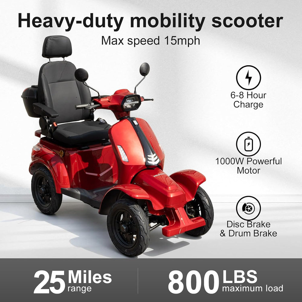 Ainohot F2R electric mobility scooter with a black seat and rear storage box, shown on a light gray background with feature callouts and text including 'Heavy-duty mobility scooter', 'Max speed 15mph', '6-8 Hour Charge', '1000W Powerful Motor', 'Disc Brake & Drum Brake', '25 Miles range', and '800 LBS maximum load'.