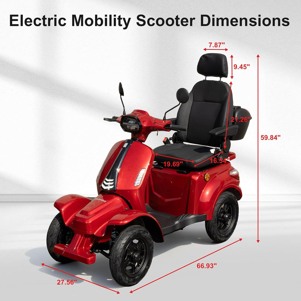 Ainohot F2R electric mobility scooter with black seat and wheels, shown with overlaid dimension lines and measurements on a light gray studio background. Text at the top reads 'Electric Mobility Scooter Dimensions'.
