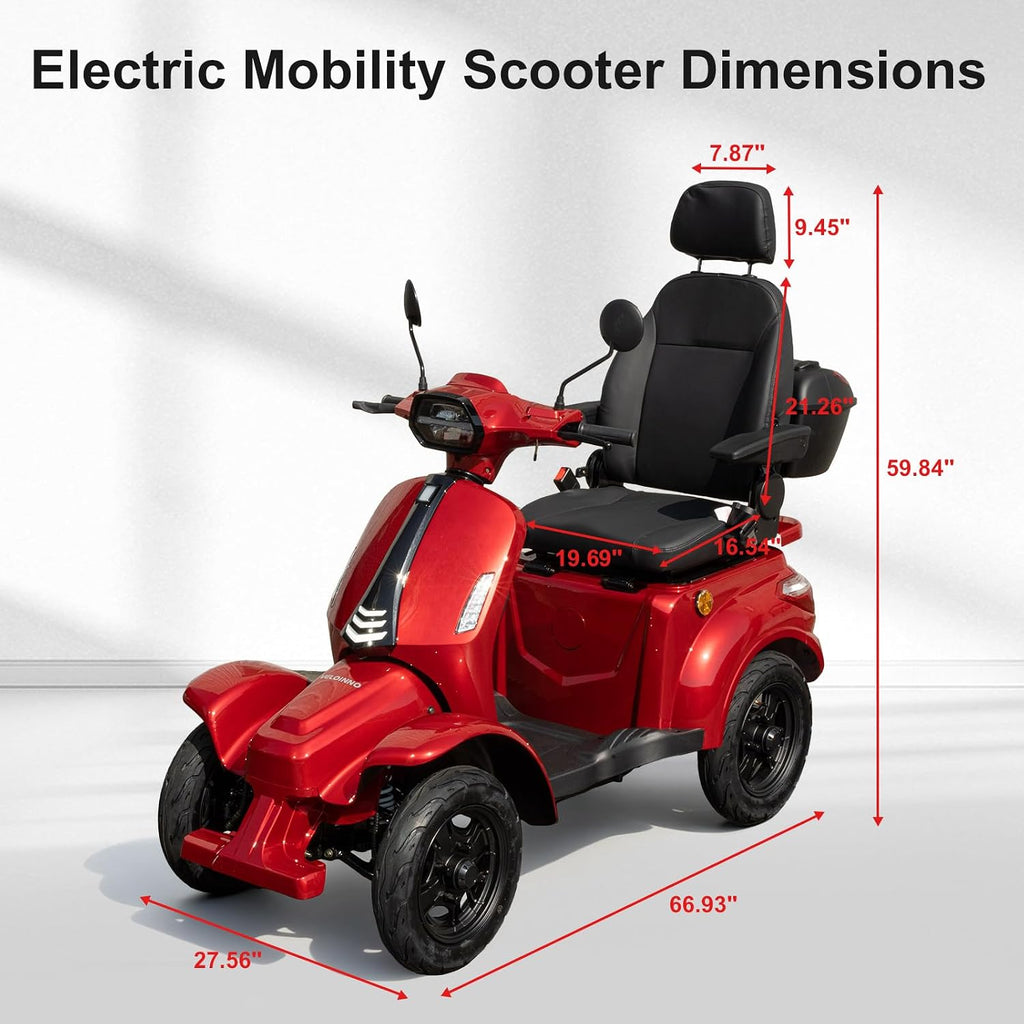 Ainohot F2R electric mobility scooter with black seat and wheels, shown with overlaid dimension lines and measurements on a light gray studio background. Text at the top reads 'Electric Mobility Scooter Dimensions'.