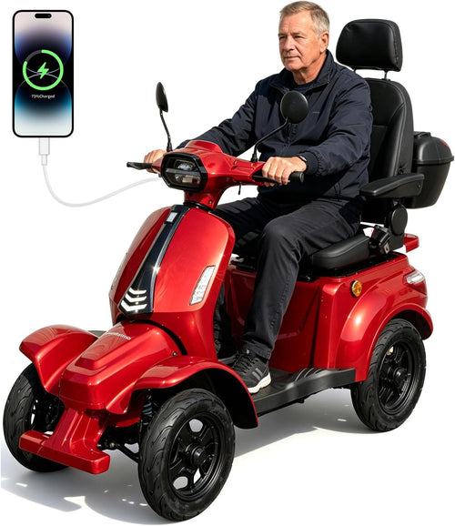 Ainohot F2R electric mobility scooter with a black seat and rear storage box, shown with a man sitting on it. A smartphone graphic in the upper left shows a charging cable connected, indicating battery power.