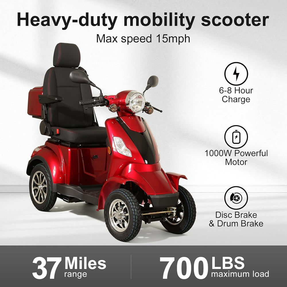 A red and black four-wheeled electric mobility scooter with feature callouts and range/load text on a light gray background.