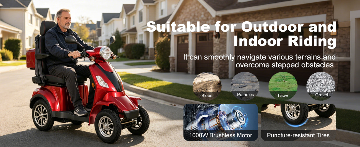 A red four-wheel electric mobility scooter with a seated rider is shown driving on a suburban street, with marketing text and small feature callouts about outdoor and indoor riding, terrain navigation, brushless motor power, and puncture-resistant tires.