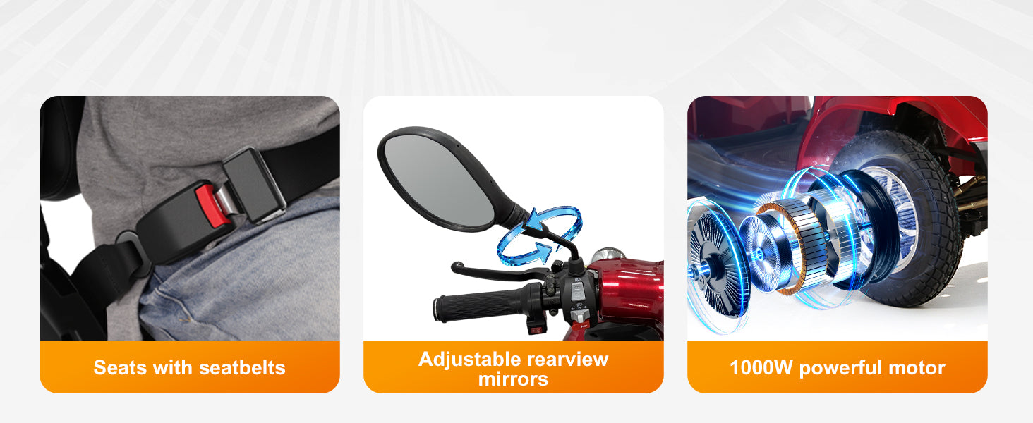 Three product feature panels on a light gray background: a close-up of a seat belt buckle on a person, a side mirror mounted on a handlebar, and a wheel with blue airflow graphics and the text '1000W powerful motor'.