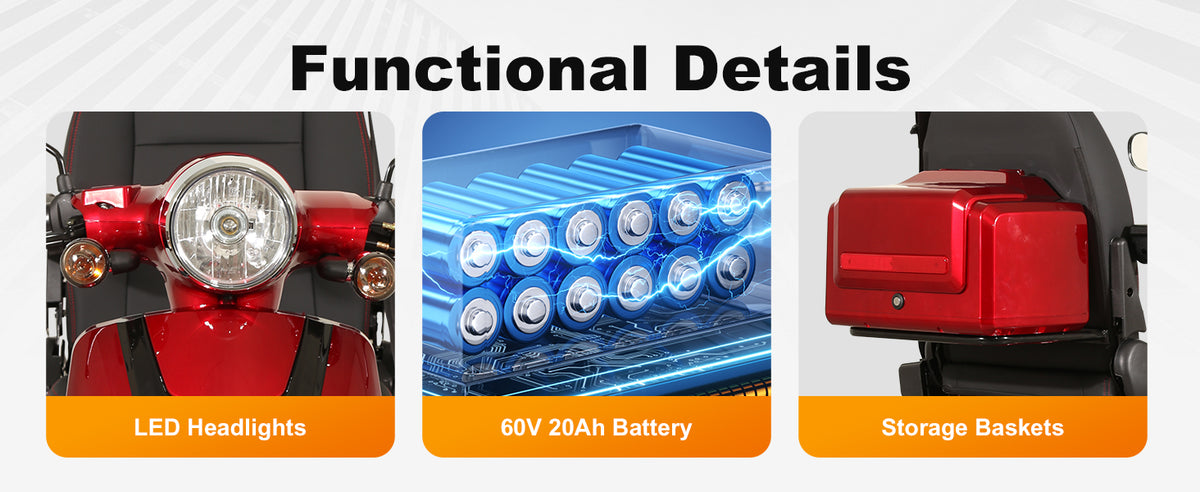 A promotional graphic titled 'Functional Details' showing three feature callouts: LED headlights on a red motorcycle, a blue battery pack labeled 60V 20Ah Battery, and red storage baskets.