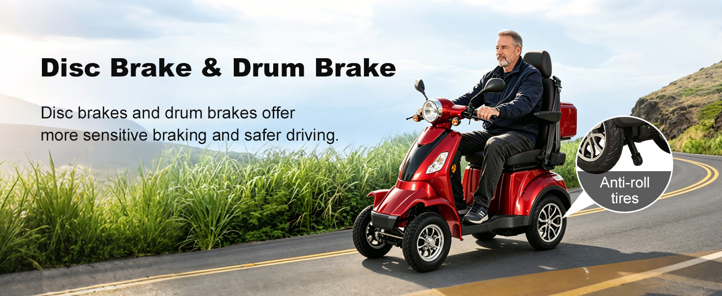 A man rides a red four-wheeled electric mobility scooter on a paved road outdoors. The image includes marketing text about disc and drum brakes and a circular inset showing anti-rollback tires.