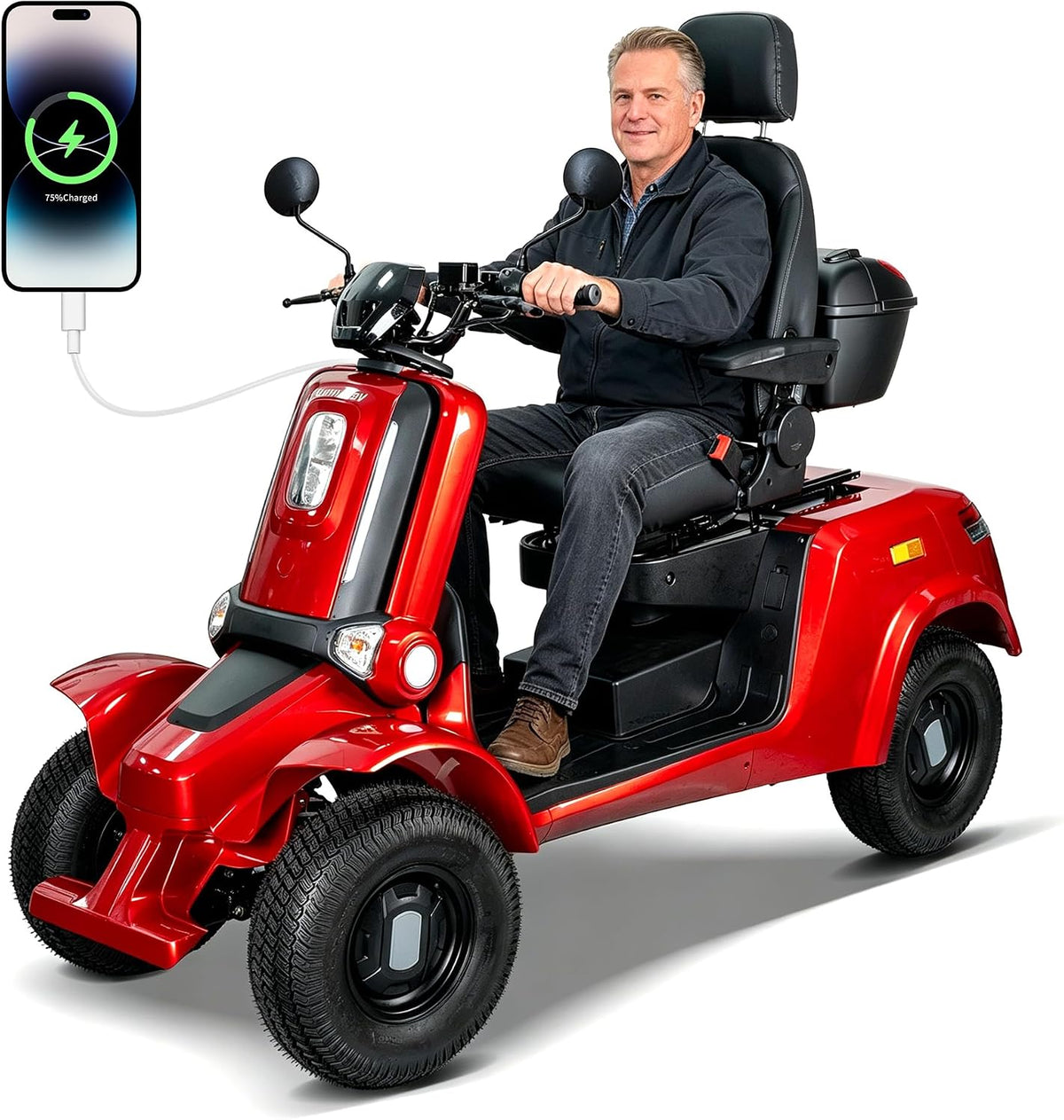 A red and black electric four-wheel mobility scooter with a smiling man sitting in it, shown on a white background with a smartphone graphic in the top right indicating battery connection.