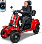 A red and black electric four-wheel mobility scooter with a smiling man sitting in it, shown on a white background with a smartphone graphic in the top right indicating battery connection.