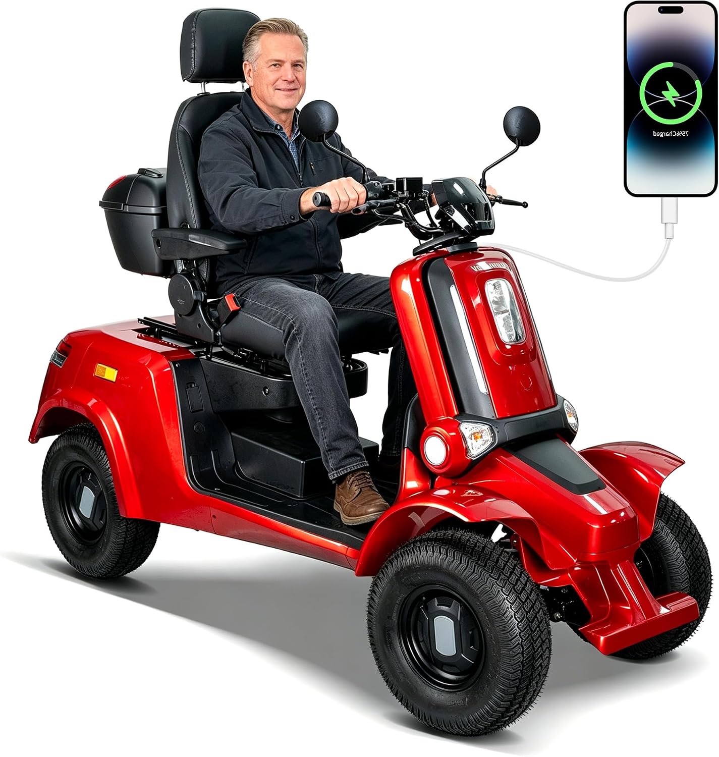 A red and black electric four-wheel mobility scooter with a smiling man sitting in it, shown on a white background with a smartphone graphic in the top right indicating battery connection.