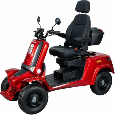 A red and black four-wheeled electric mobility scooter with a high-back seat, black storage trunk, and large black tires, shown on a plain white background.