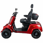 A red four-wheeled electric mobility scooter with a black seat, backrest, and storage box, shown from a side profile view against a white background.