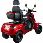 A red four-wheeled electric mobility scooter with a black seat, backrest, and storage box, shown from a three-quarter rear angle on a white background.