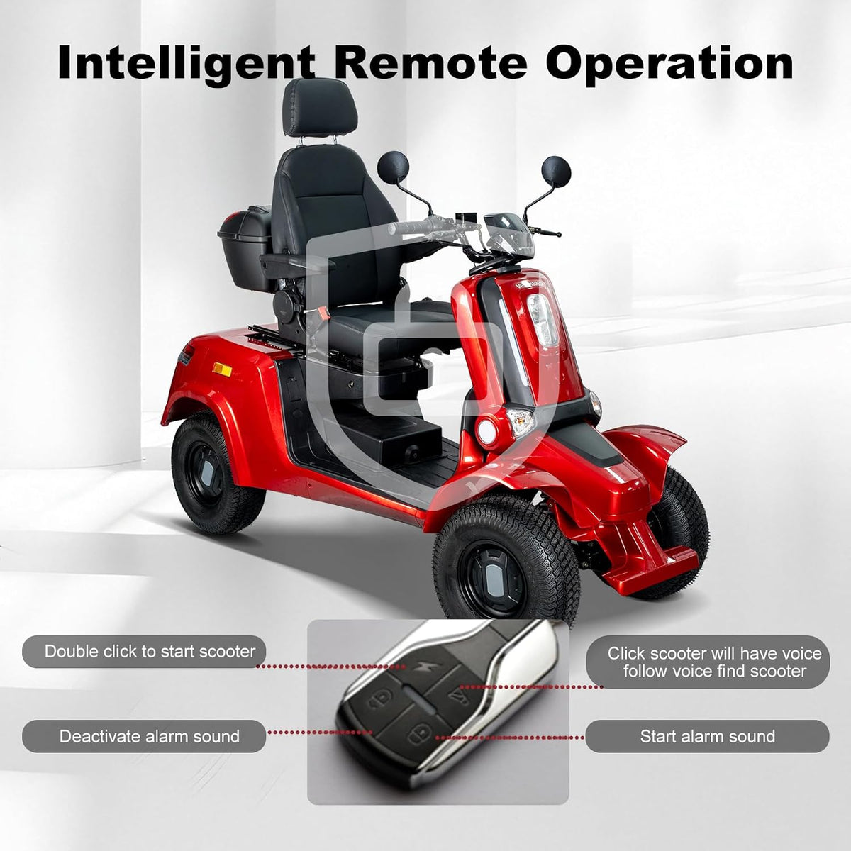 Red four-wheeled electric scooter shown in a clean studio-style graphic with the text 'Intelligent Remote Operation' and callout labels pointing to remote control features. A close-up inset at the bottom shows the remote control.