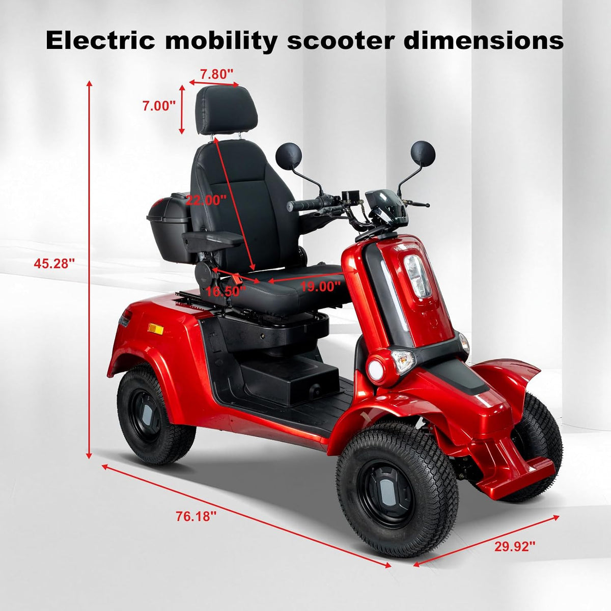Red electric mobility scooter with black seat and wheels, shown with red dimension lines and text indicating measurements such as 76.16 inches length, 45.