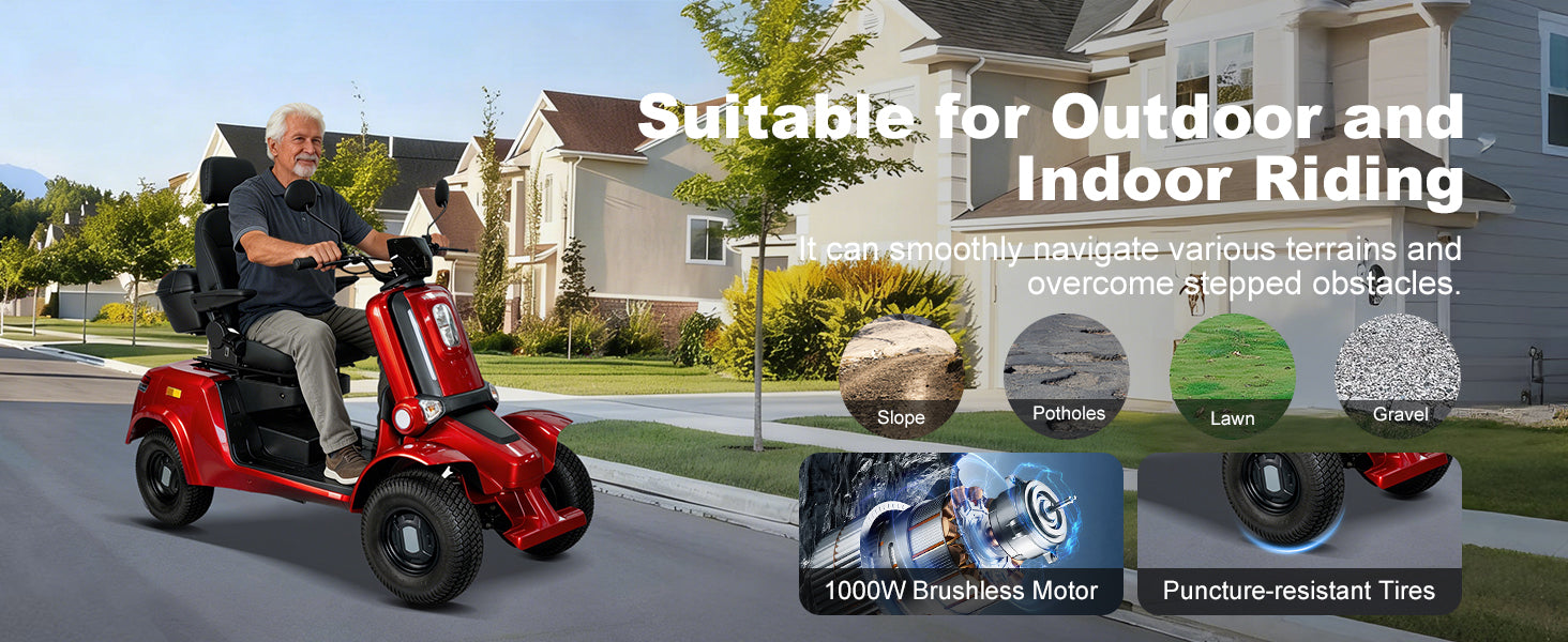 A red four-wheel power wheelchair is shown being driven by an older man on a suburban street, with large marketing text reading 'Suitable for Outdoor and Indoor Riding' and feature callouts about brushless motor and puncture-resistant tires.