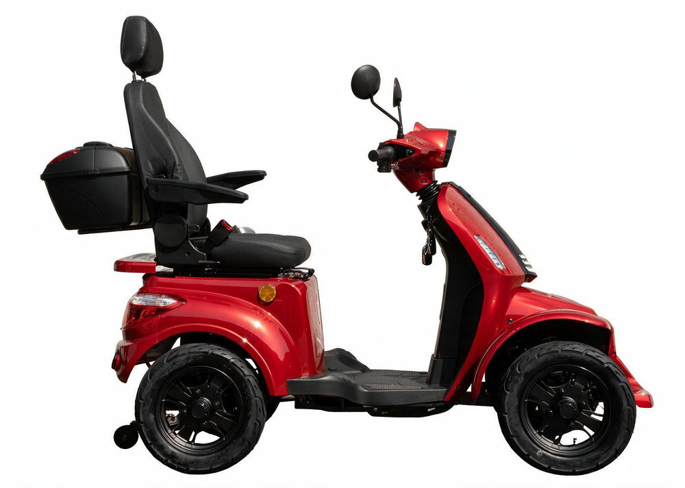 Ainohot F2R electric mobility scooter with a black seat, backrest, storage box, mirrors, and black wheels, shown from a side profile on a white background.