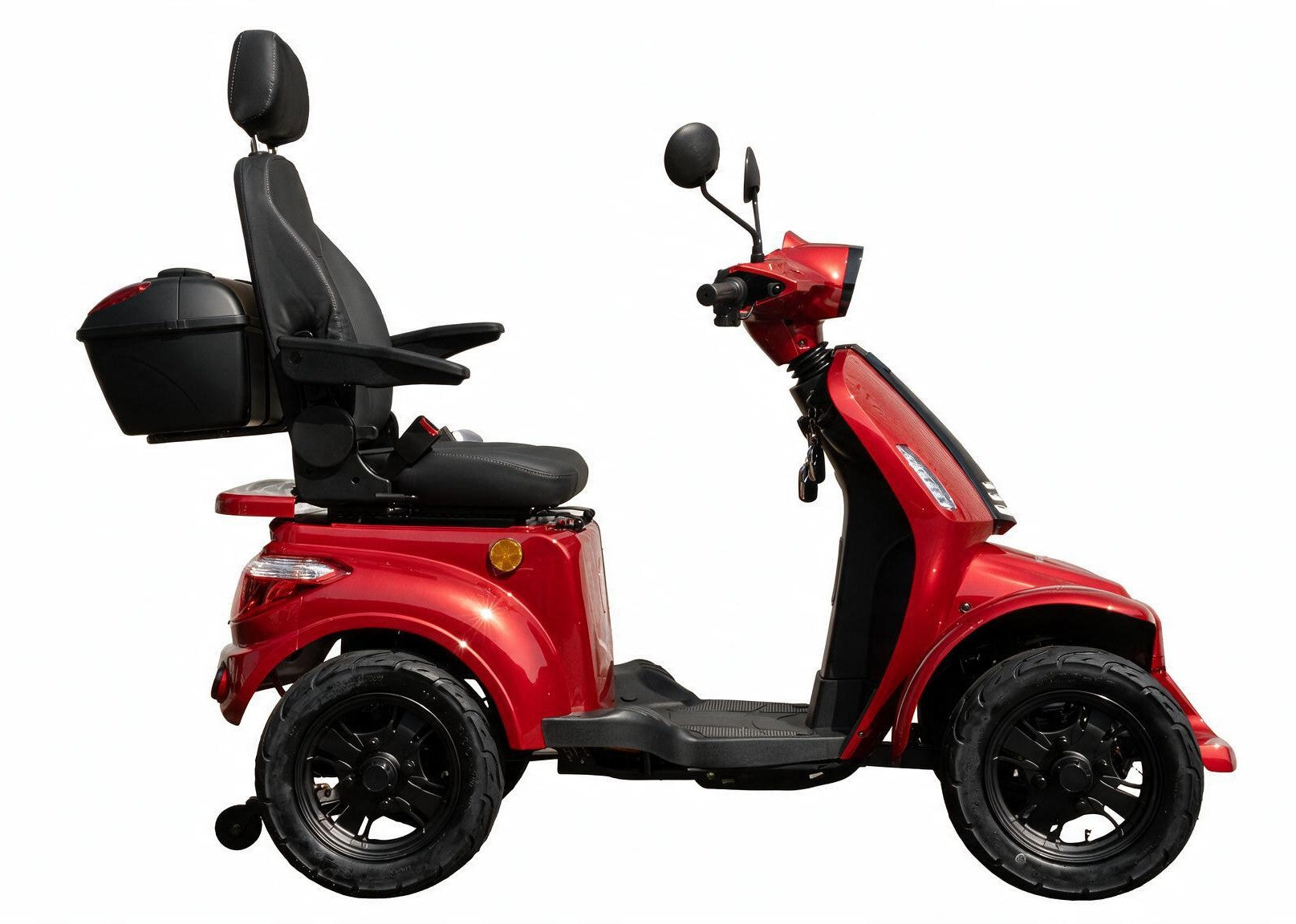 Ainohot F2R electric mobility scooter with a black seat, backrest, storage box, mirrors, and black wheels, shown from a side profile on a white background.