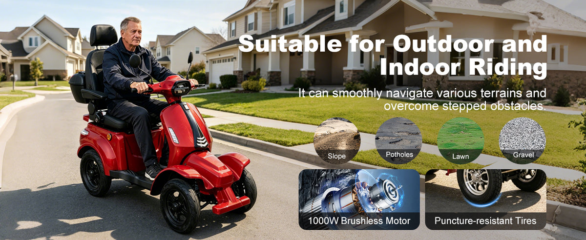 A red four-wheeled electric mobility scooter with a seated man driving it on a suburban street, with large marketing text and feature callouts about outdoor and indoor riding, terrain navigation, brushless motor, and puncture-resistant tires.