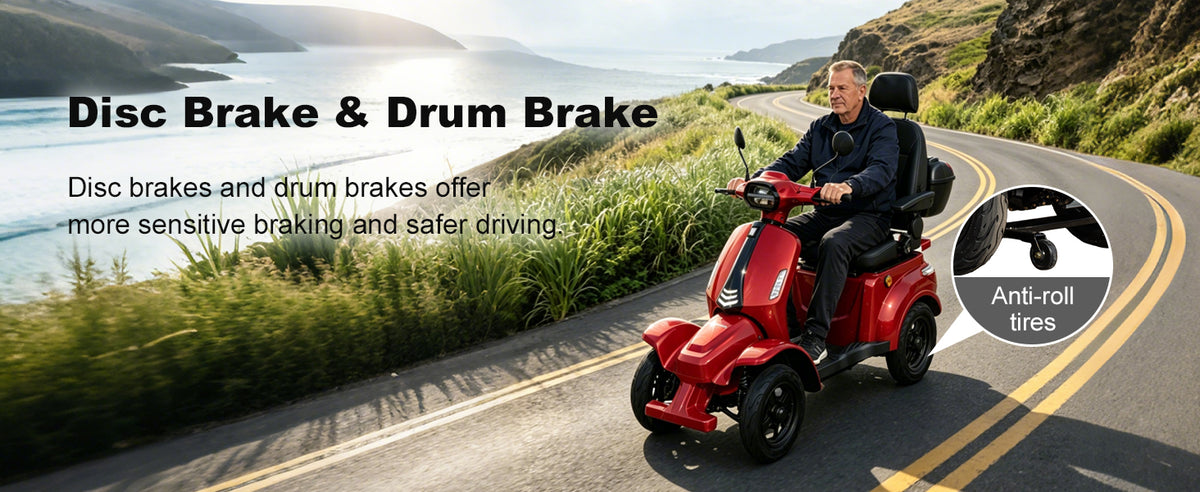 A man rides a red four-wheel electric scooter on a winding coastal road, with text reading 'Disc Brake & Drum Brake' and a circular inset showing anti-roll tires.