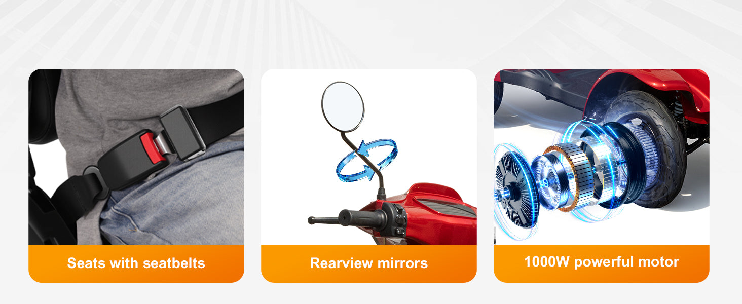 Three-panel promotional graphic showing features of a red electric scooter or moped: a close-up of a seatbelt fastening the seat, rearview mirrors, and a blue highlighted 1000W powerful motor area near the rear wheel.