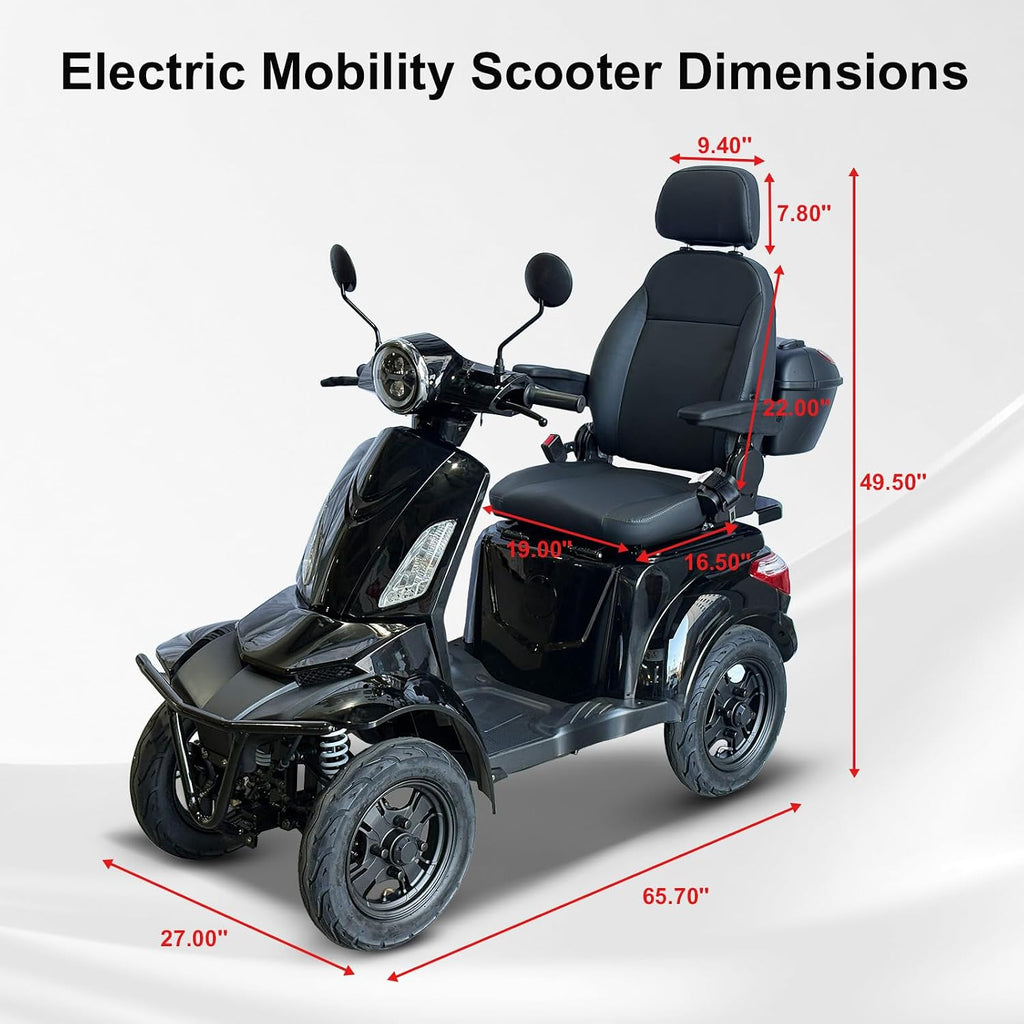 Black electric mobility scooter with red dimension lines and text showing measurements for length, width, and height on a light gray background.