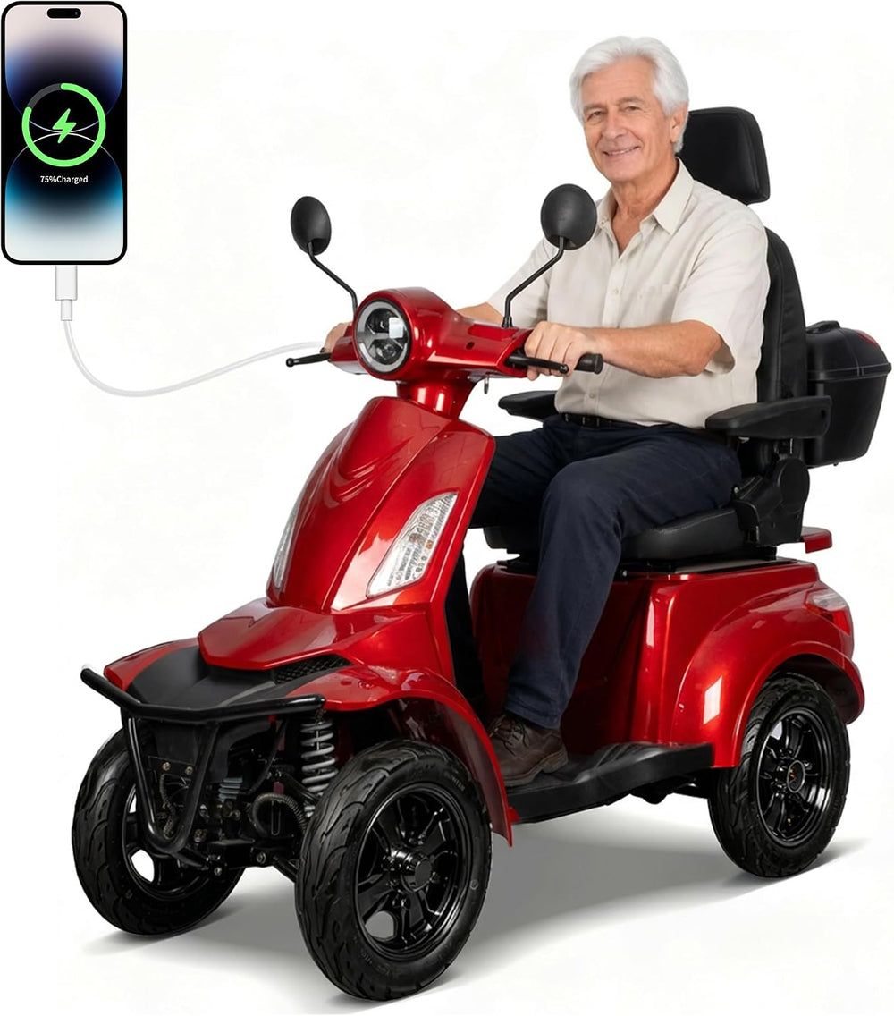A red and black four-wheeled electric mobility scooter with a smiling older man sitting on it, shown on a white studio background. A smartphone graphic at the upper left shows a charging connection.