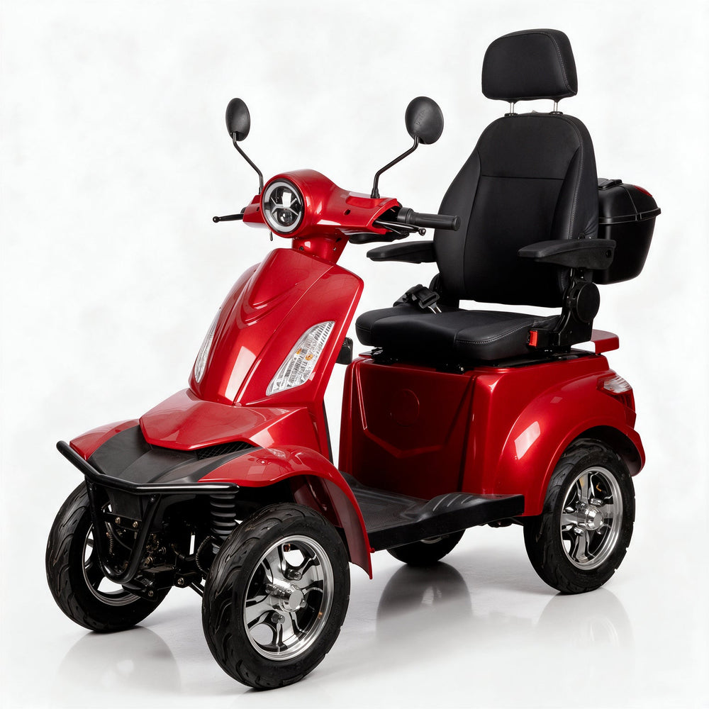 A red and black four-wheel electric mobility scooter with a spacious back seat, black storage trunk, and chrome wheels, photographed on a clean white studio background.