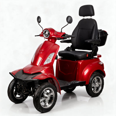 A red and black four-wheel electric mobility scooter with a spacious back seat, black storage trunk, and chrome wheels, photographed on a clean white studio background.