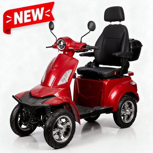 A red and black four-wheel electric mobility scooter with a spacious back seat, black storage trunk, and chrome wheels, photographed on a clean white studio background.