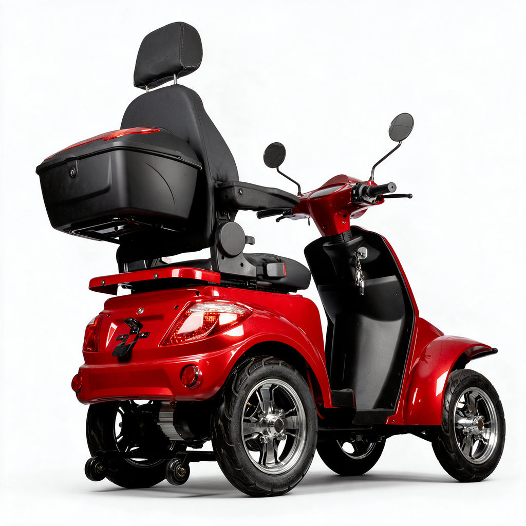 A four-wheeled electric mobility scooter with a rear cargo box and high backrest, shown in red and black on a clean white studio background.