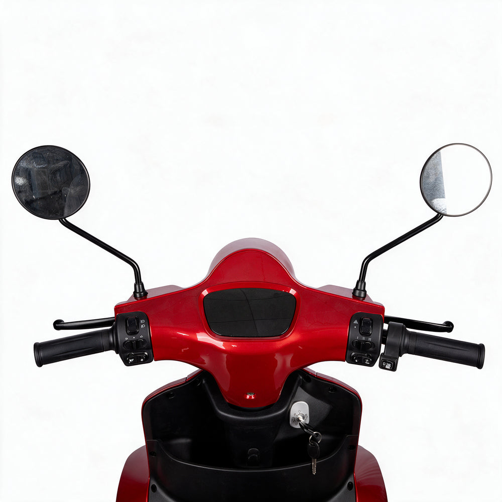 Front view of a red electric scooter with black handlebars, black mirrors, and a black storage compartment, photographed against a plain white background.