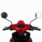 Front view of a red electric scooter with black handlebars, black mirrors, and a black storage compartment, photographed against a plain white background.