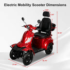 Red electric mobility scooter with black seat and wheels, shown on a light gray background with red dimension lines and text indicating measurements.