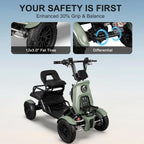 Four-wheeled mobility scooter with safety features highlighted on a light blue background