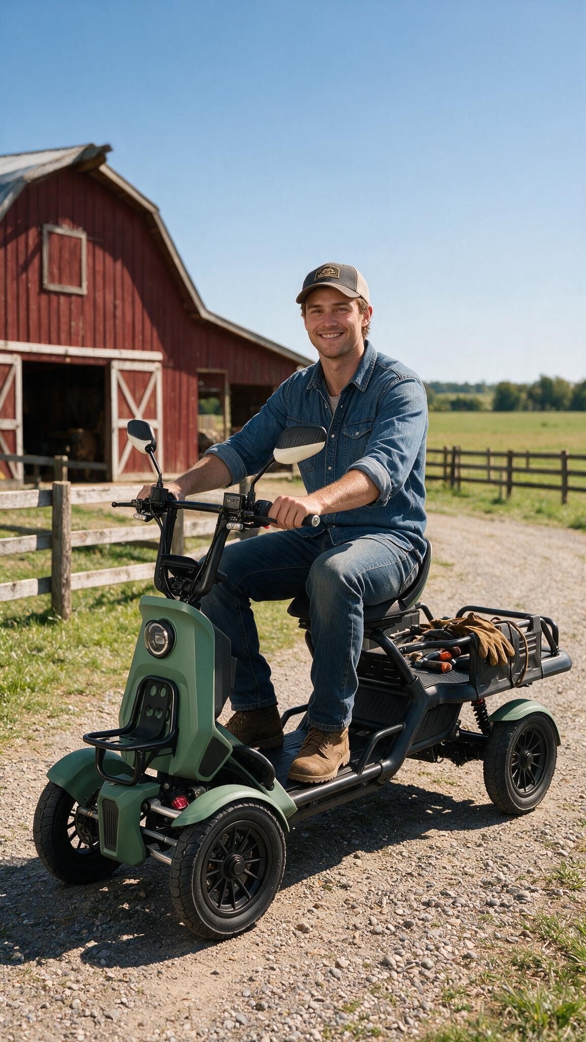A man wearing a blue denim shirt and jeans sits on a green electric four-wheeled utility cart with a cargo bed, parked on a gravel path in front of a red barn and green field.