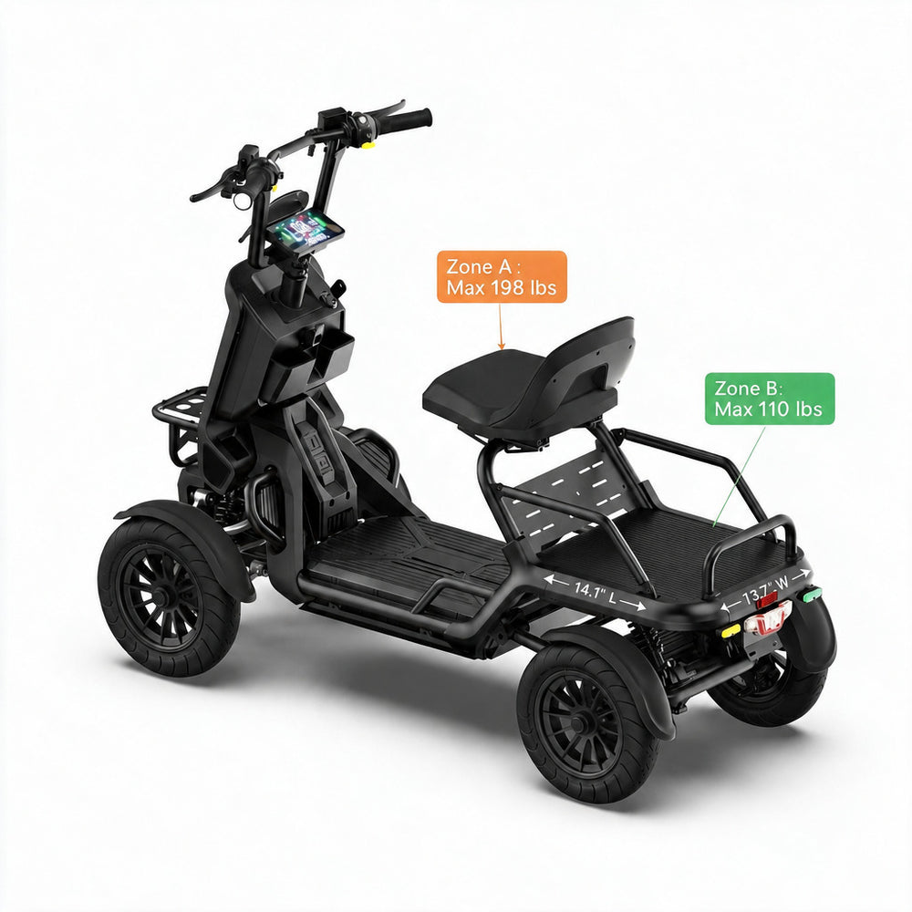 An electric four-wheel mobility scooter with a seat and rear cargo platform, shown on a clean white background with orange and green text callouts indicating seat zone weight capacities.
