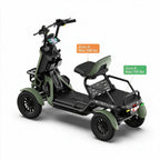 An electric four-wheel mobility scooter with a seat and rear cargo platform, shown on a clean white background with orange and green text callouts indicating seat zone weight capacities.