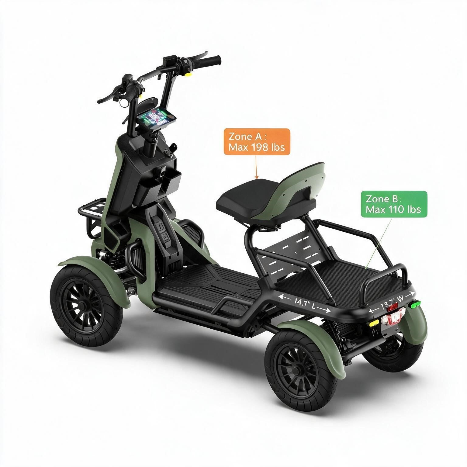 An electric four-wheel mobility scooter with a seat and rear cargo platform, shown on a clean white background with orange and green text callouts indicating seat zone weight capacities.