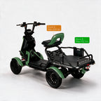 A four-wheeled electric mobility scooter with a seat and rear cargo platform, shown on a white background with overlaid zone weight limits and a rear cargo shelf dimension diagram. The product body is mint green and black, with a black seat, handlebars, tires, and frame.
