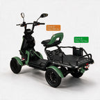 A four-wheeled electric mobility scooter with a seat and rear cargo platform, shown on a white background with overlaid zone weight limits and a rear cargo shelf dimension diagram. The product body is mint green and black, with a black seat, handlebars, tires, and frame.
