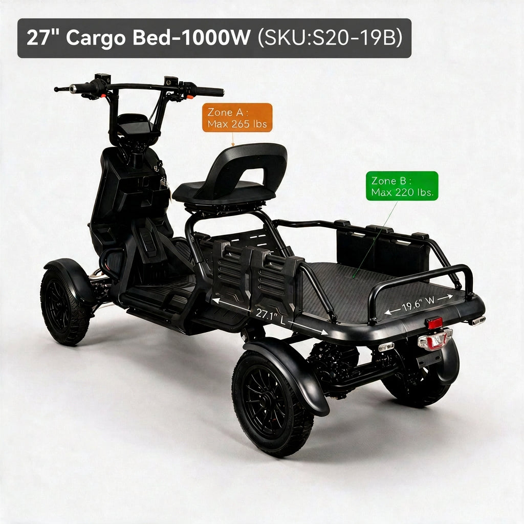 A black 4-wheeled electric cargo tricycle shown on a light gray studio background, with a rear cargo bed and overlaid orange and green callouts indicating Zone A and Zone B load capacities.