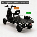 A black 4-wheeled electric cargo tricycle shown on a light gray studio background, with a rear cargo bed and overlaid orange and green callouts indicating Zone A and Zone B load capacities.