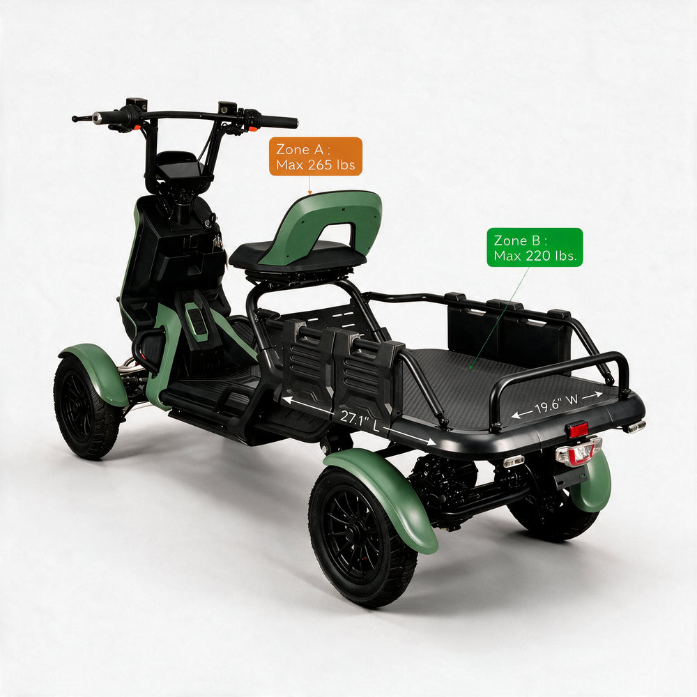 A four-wheeled electric cargo trike with a black frame and green accents, shown on a light gray studio background with callout labels indicating Zone A and Zone B load capacity and dimensions.
