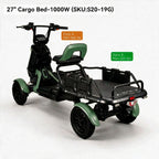 A four-wheeled electric cargo trike with a black frame and green accents, shown on a light gray studio background with callout labels indicating Zone A and Zone B load capacity and dimensions.