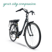Black bicycle on a white background with text 'your city companion'.